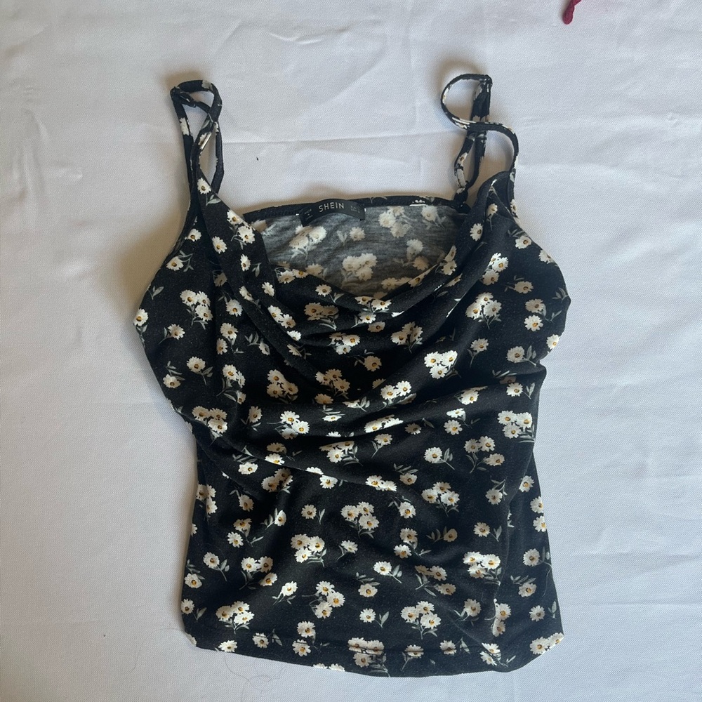 Black floral cowl neck tank top.